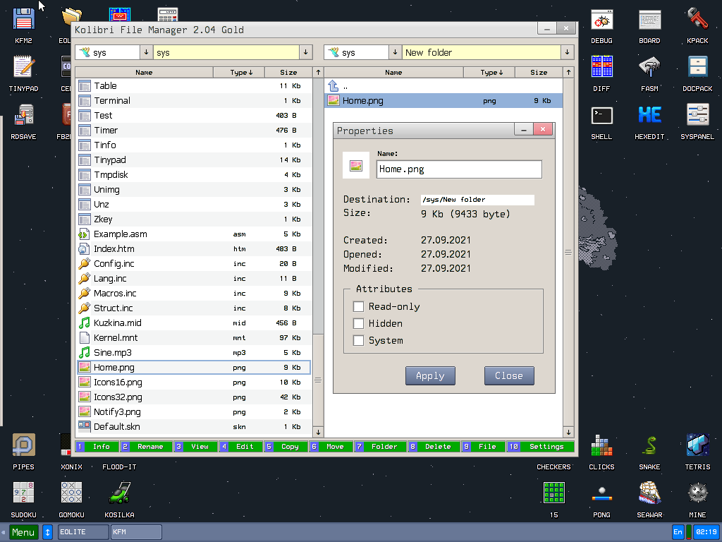 Kolibri File Manager 2.04 Gold - Properties (after copy)
