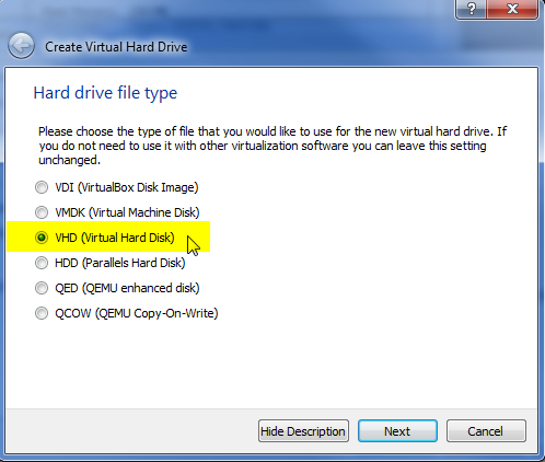 На этапе создания виртуальной машины выбирайте VHD тип диска.